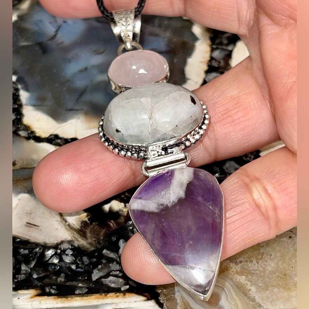 ❌SALE Crack Moonstone ❌ Rose Quartz, Amethyst Crystal Pendant 3 1/4” - Picture 12 of 17